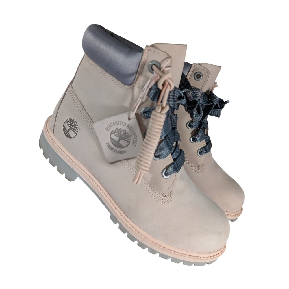 TIMBERLAND! PINK GENUINE LEATHER, GRAY SATIN TRIM, PLAID LACED ANKLE BOOTS! 6M